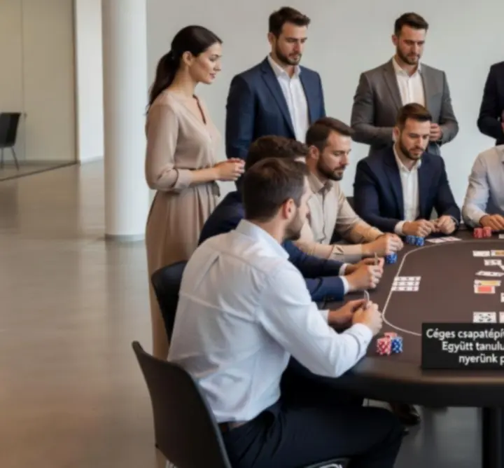 Céges csapat pókerasztal körül, közös játék és csapatépítés a Full Service Beheer B.V.-ben